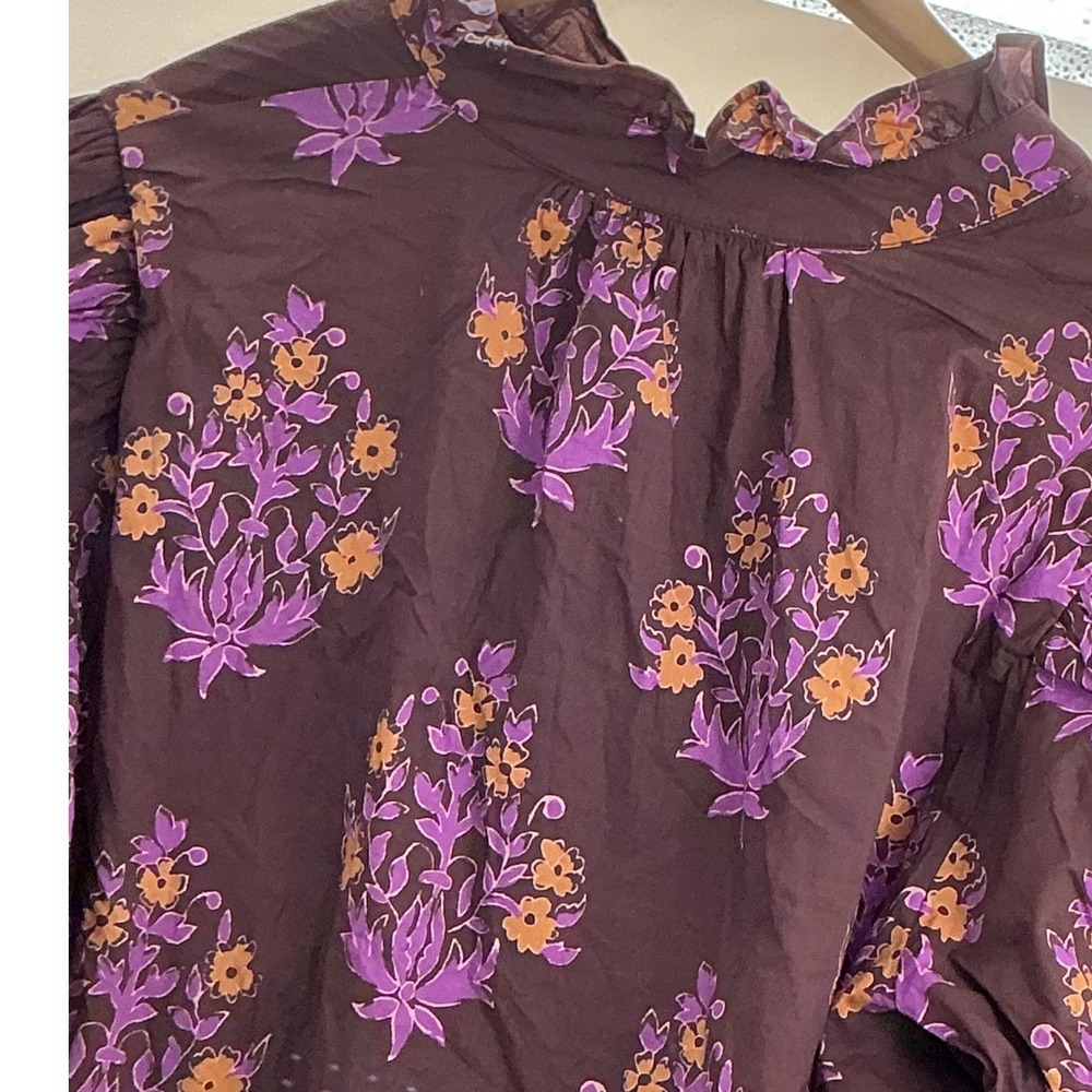 Entro Glinda Dress Brown Purple Floral Block Print Midi Ruffle Henley Large NEW - Picture 13 of 15